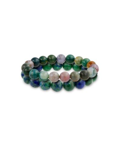 Bling Jewelry Green Blue Jasper Azurite Gemstone 12MM Bead Strand Stretch Bracelet Set-2