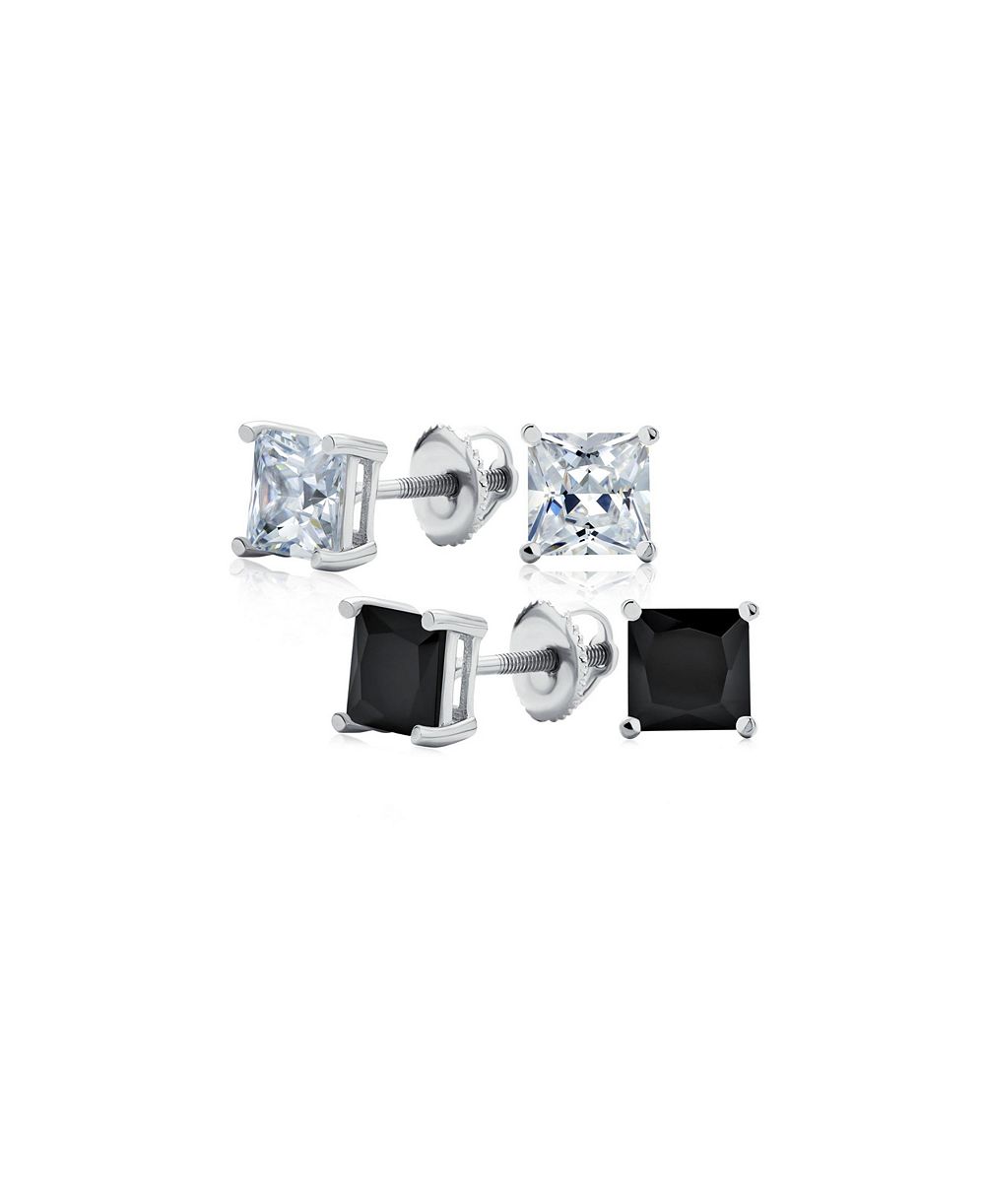 Bling Jewelry Princess Cut Clear Black CZ Stud Earrings Sterling Silver Screwback 7MM