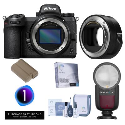 Nikon Z 6II Mirrorless Camera with Mount Adapter FTZ II,TTL On-Camera Round Flash Speedlight,Lithium-Ion Battery Pack,Glass Screen Protector