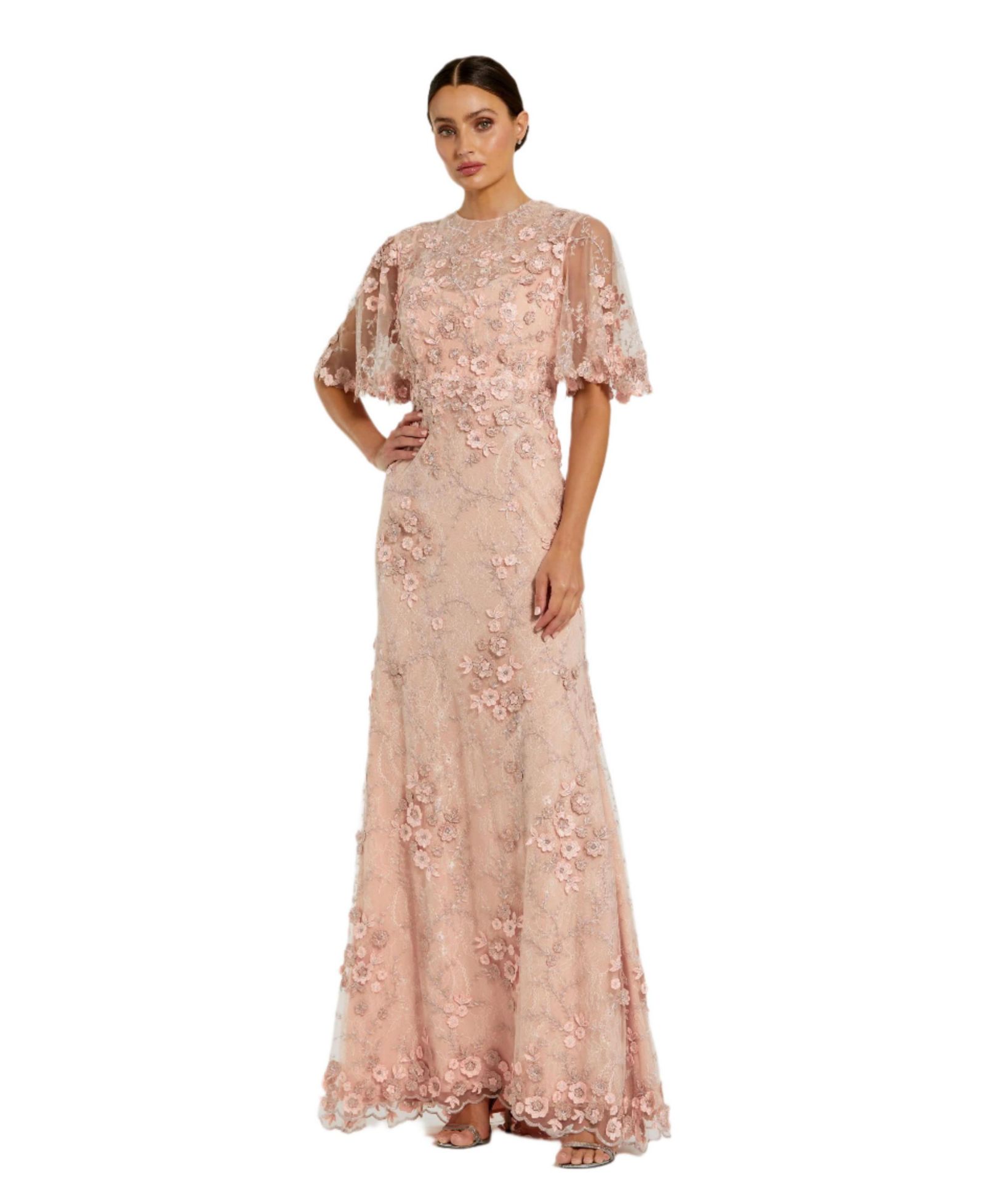 Женское вечернее платье Mac Duggal с цветочной вышивкой и рукавами-крылышками из сетки