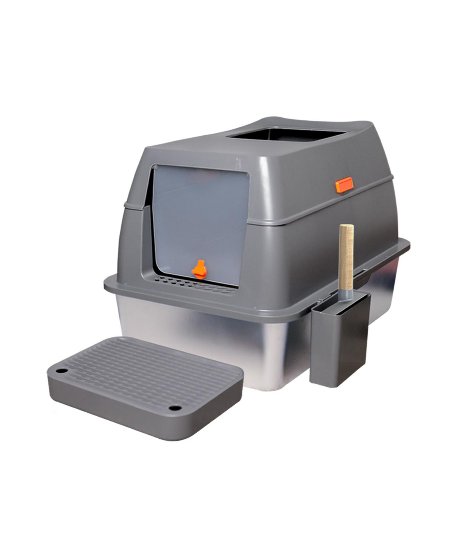 BINGOPAW Enclosed Cat Litter Box Stainless Steel Kitty Box with Scoop&Footboard