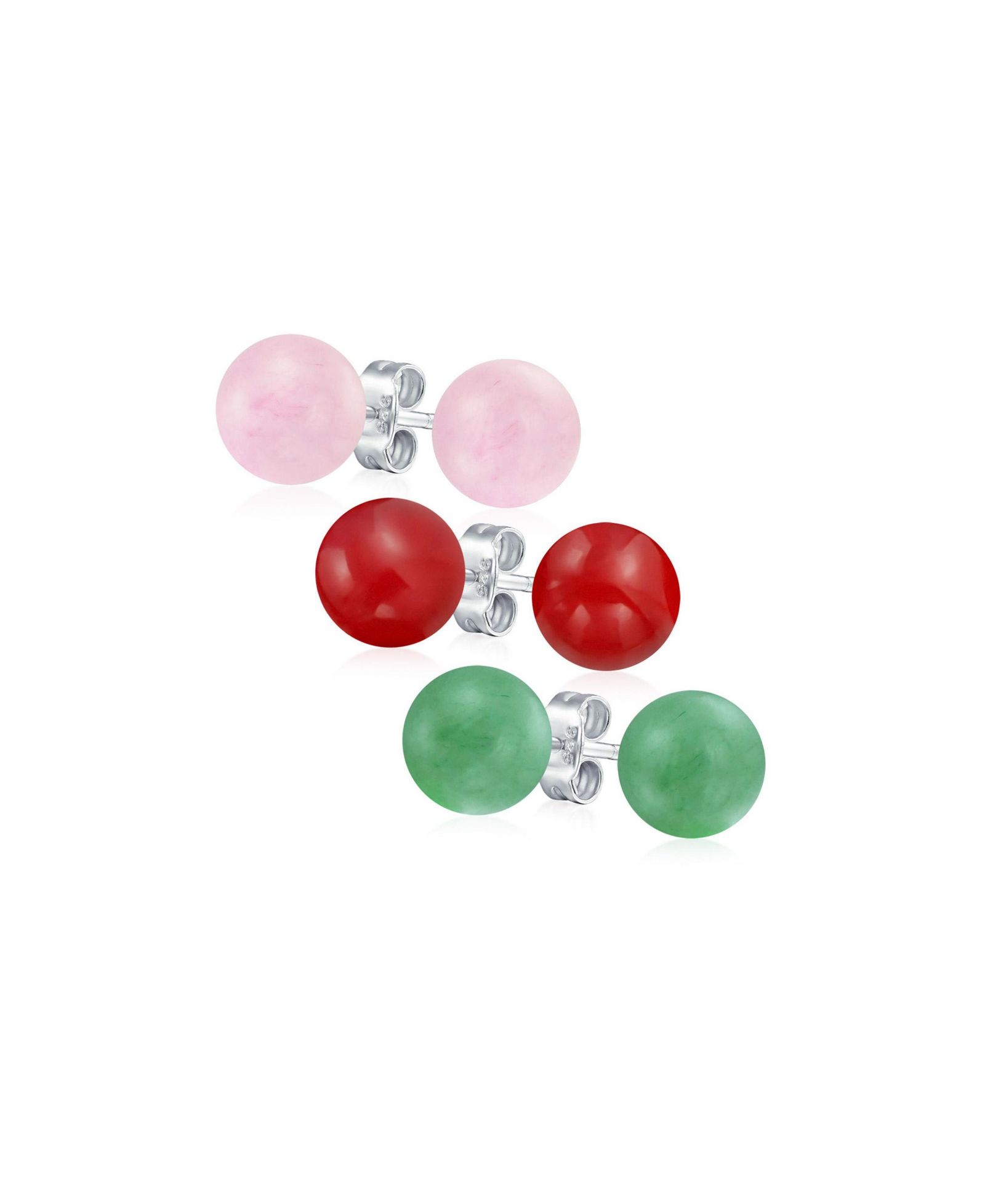 Bling Jewelry Green Red Pink Gemstone Ball Stud Earrings Sterling Silver Post (3 Set)