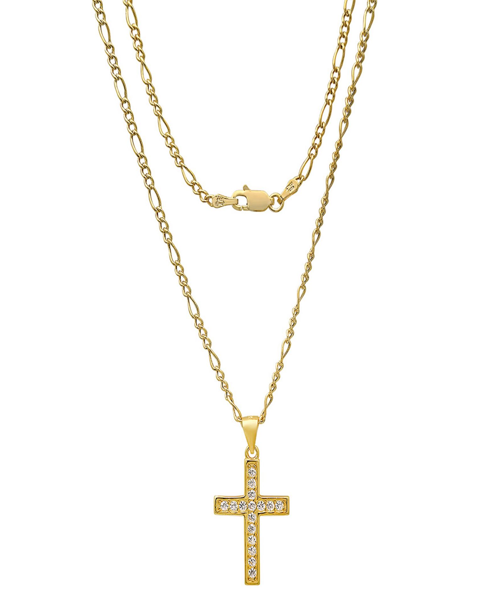 Steeltime Unisex Gold-Plated Cross Pendant Figaro Chain Necklace