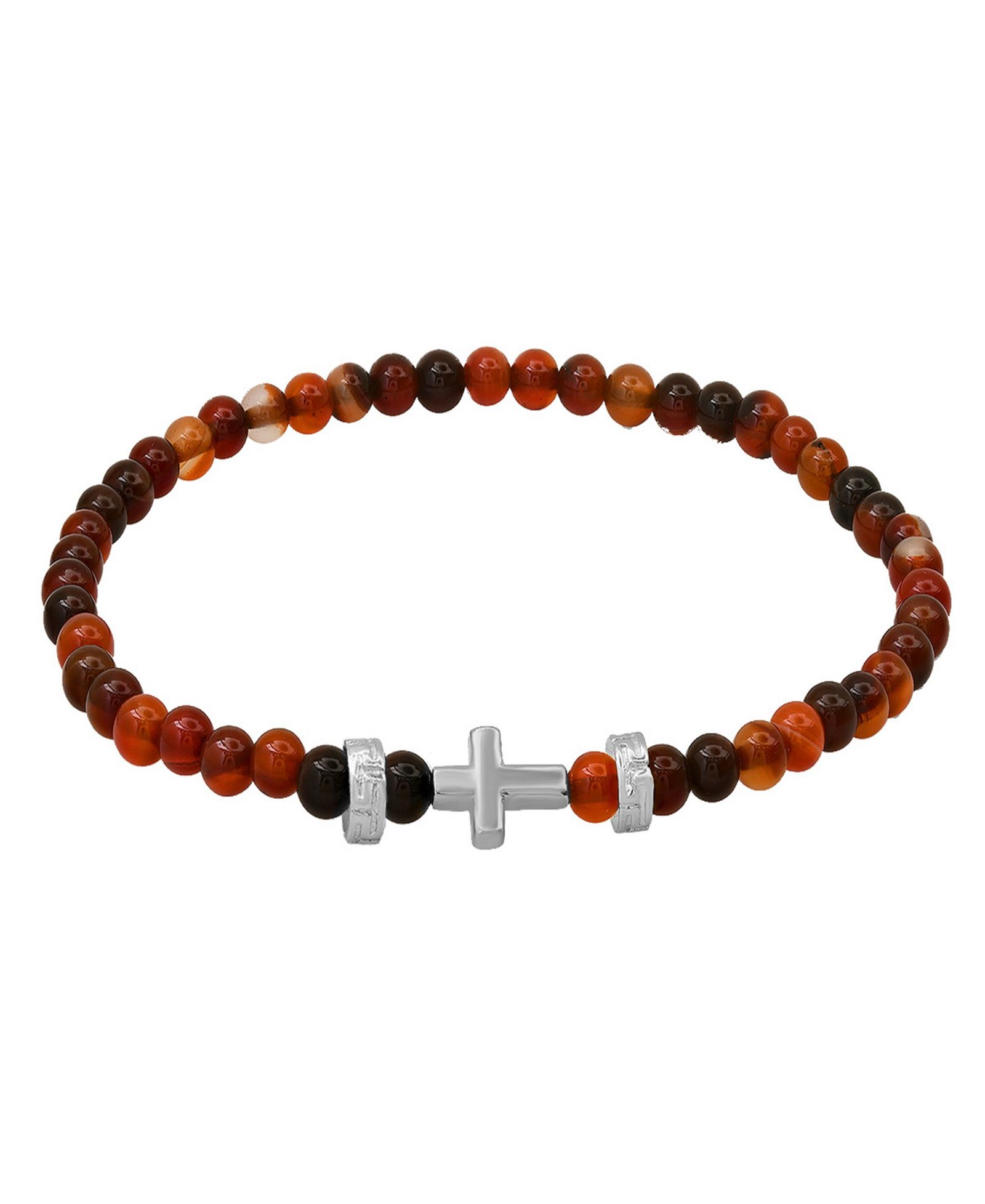 Steeltime Men’s Sterling Silver Cross and Red Tiger Eye Beaded Stretch Bracelet