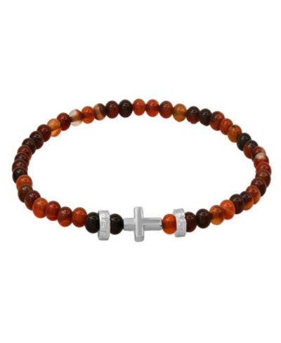 Steeltime Men’s Sterling Silver Cross and Red Tiger Eye Beaded Stretch Bracelet