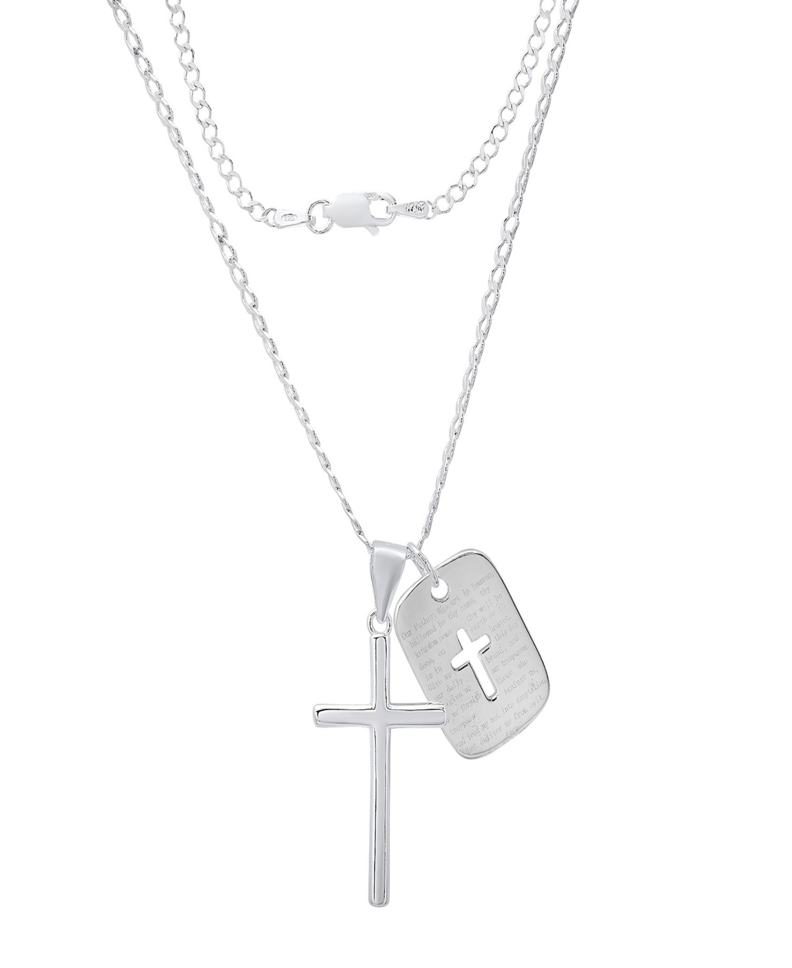 Steeltime Men's Sterling Silver Cross and Dog Tag Paired Pendant Necklace