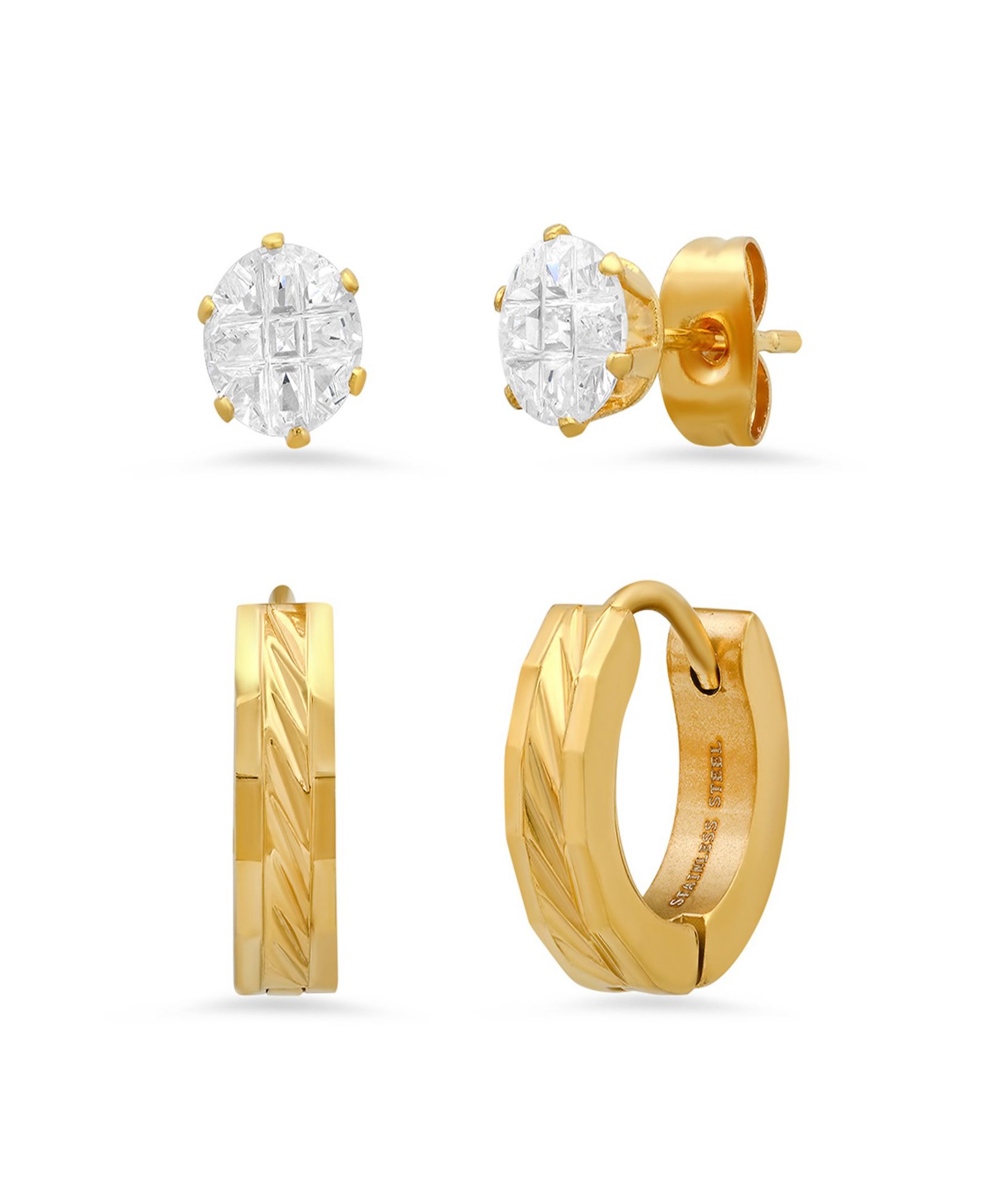 Steeltime Women's 2 Pieces Set Simulated Diamonds Studs and Diamond Cut Huggie Earrings