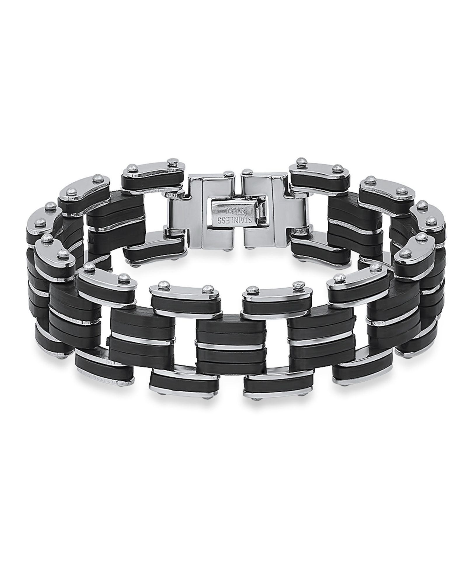 Steeltime Men’s Stainless Steel and Black Rubber Bicycle Chain Bracelet