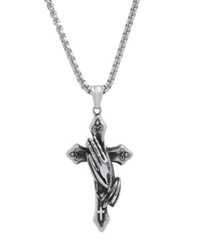 Steeltime Men's Stainless-Steel Prayer Hand and Cross Pendant Necklace