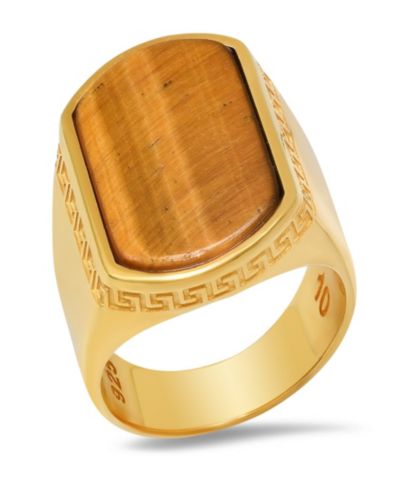 Steeltime Мужское кольцо с тигровым глазом, позолота 14K и стерлинговое серебро с греческим орнаментом
