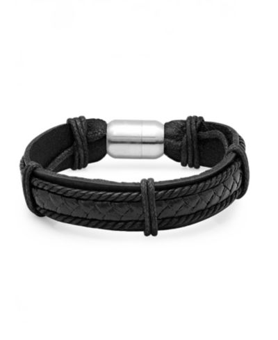 Steeltime Men’s Genuine Black Leather Bracelet with Stainless Steel Magnetic Clasp