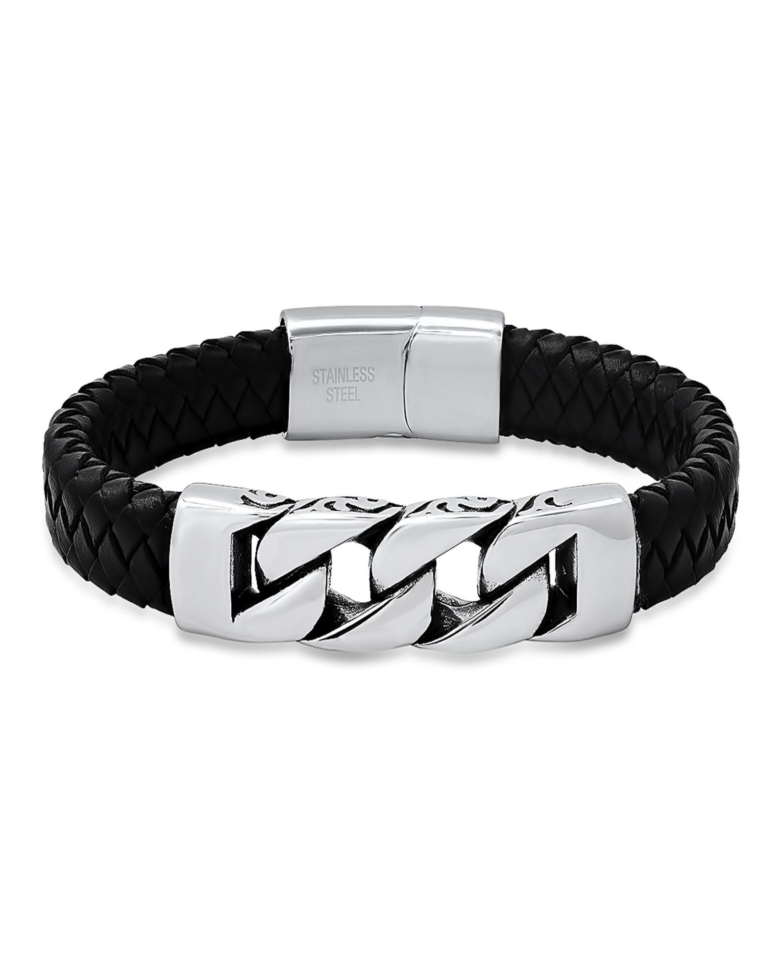 Steeltime Men’s Black Braided Leather and Stainless-Steel Bracelet