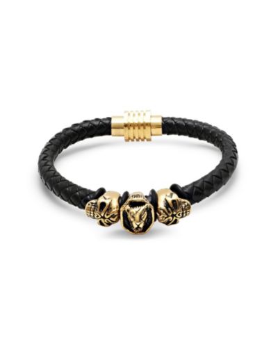 Steeltime Men’s Lion Head and Skull Accents Black Leather Braided Bracelet
