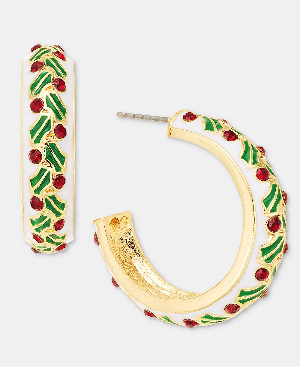 Holiday Lane Medium Pavé Mistletoe C-Hoop Earrings, 1.1", Macy's Exclusive