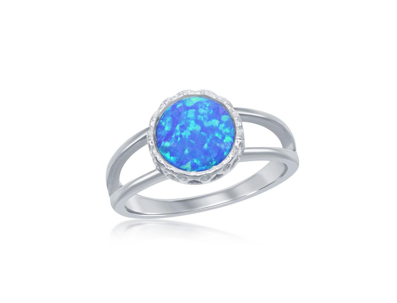 Sterling Silver  Round Blue Inlay Synthetic Opal Open Band Ring
