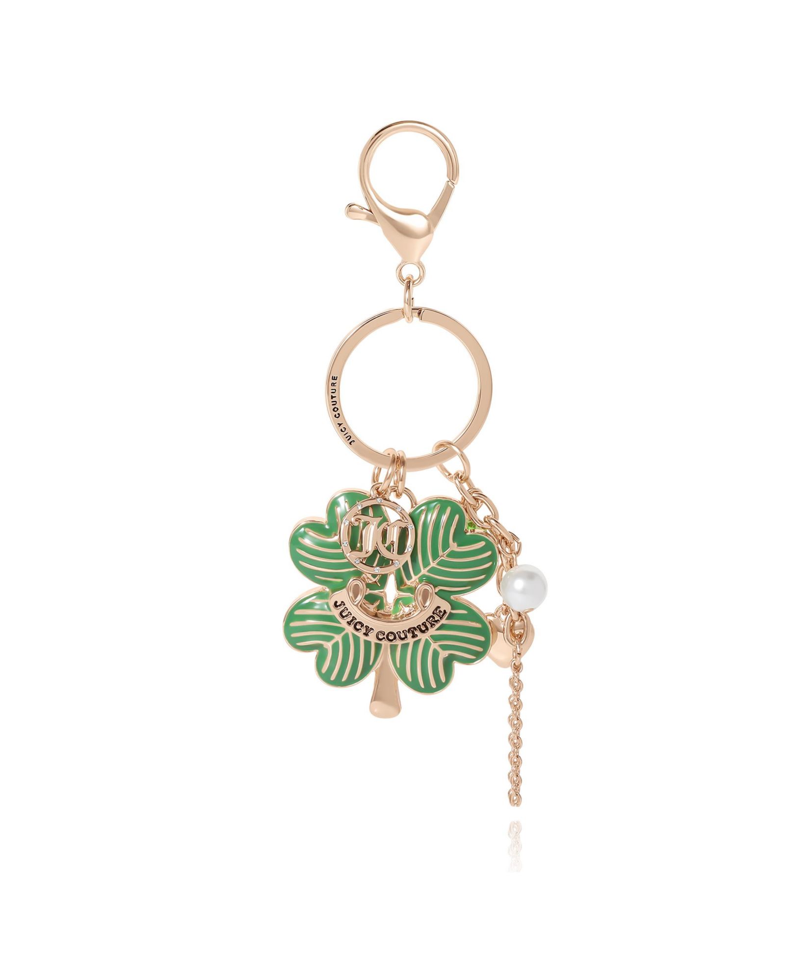 Juicy Couture Lucky Clover Keychains for Women, Cute Keychain with Logo Charm and Faux Pearl Accent