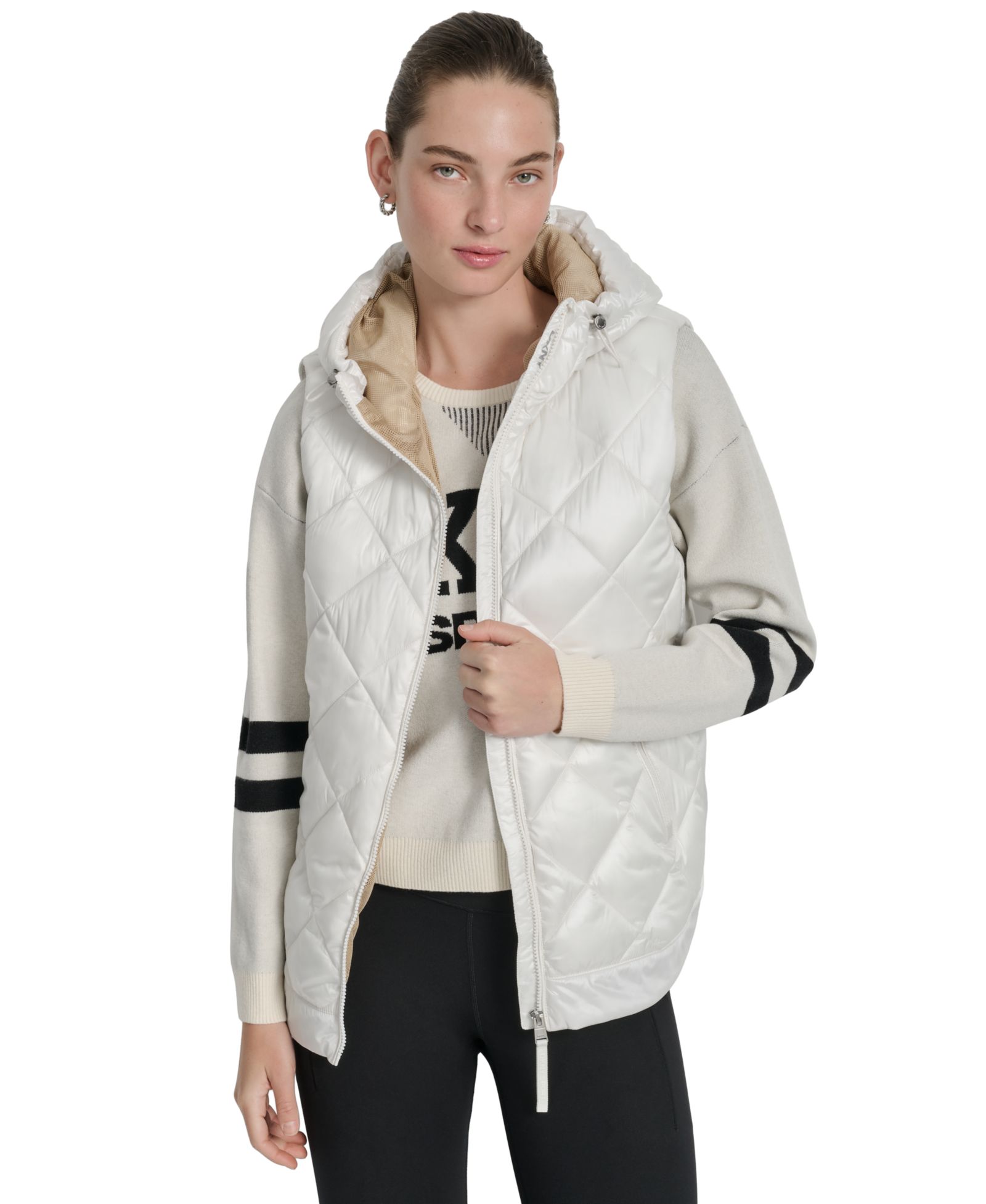 DKNY Women's Quilted Curved-Hem Hooded Vest