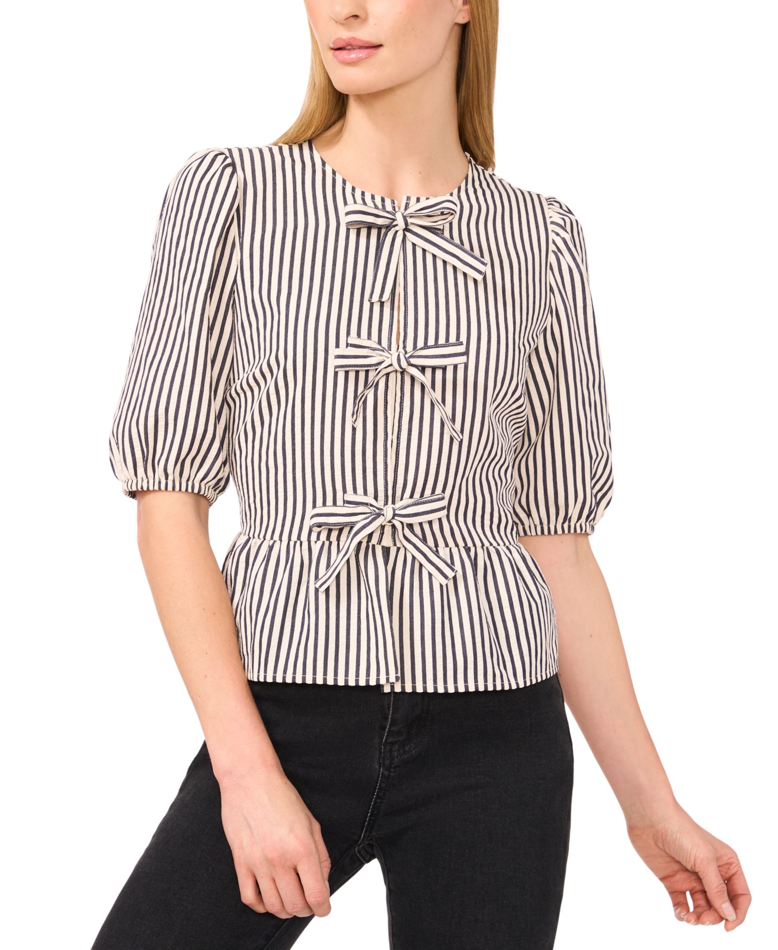 Женская блузка CeCe Striped Puff 3/4-Sleeve Bow-Front Peplum