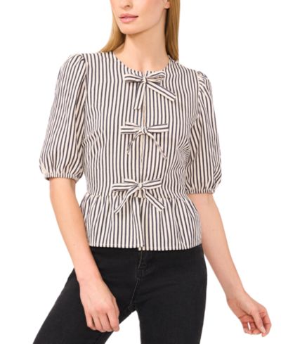 Женская блузка CeCe Striped Puff 3/4-Sleeve Bow-Front Peplum