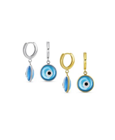 Bling Jewelry Blue Evil Eye Huggie Drop Earrings Gold Plated and .925 Sterling Silver 2 Set