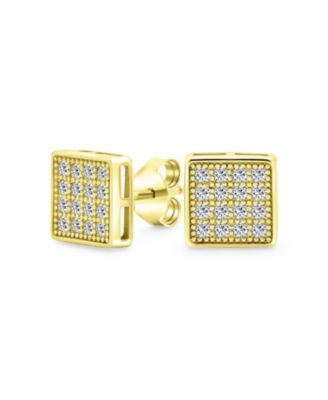 Bling Jewelry Серьги-гвоздики Geometric Hip Hop Square Cubic Zirconia, позолоченное серебро 925 Sterling Silver