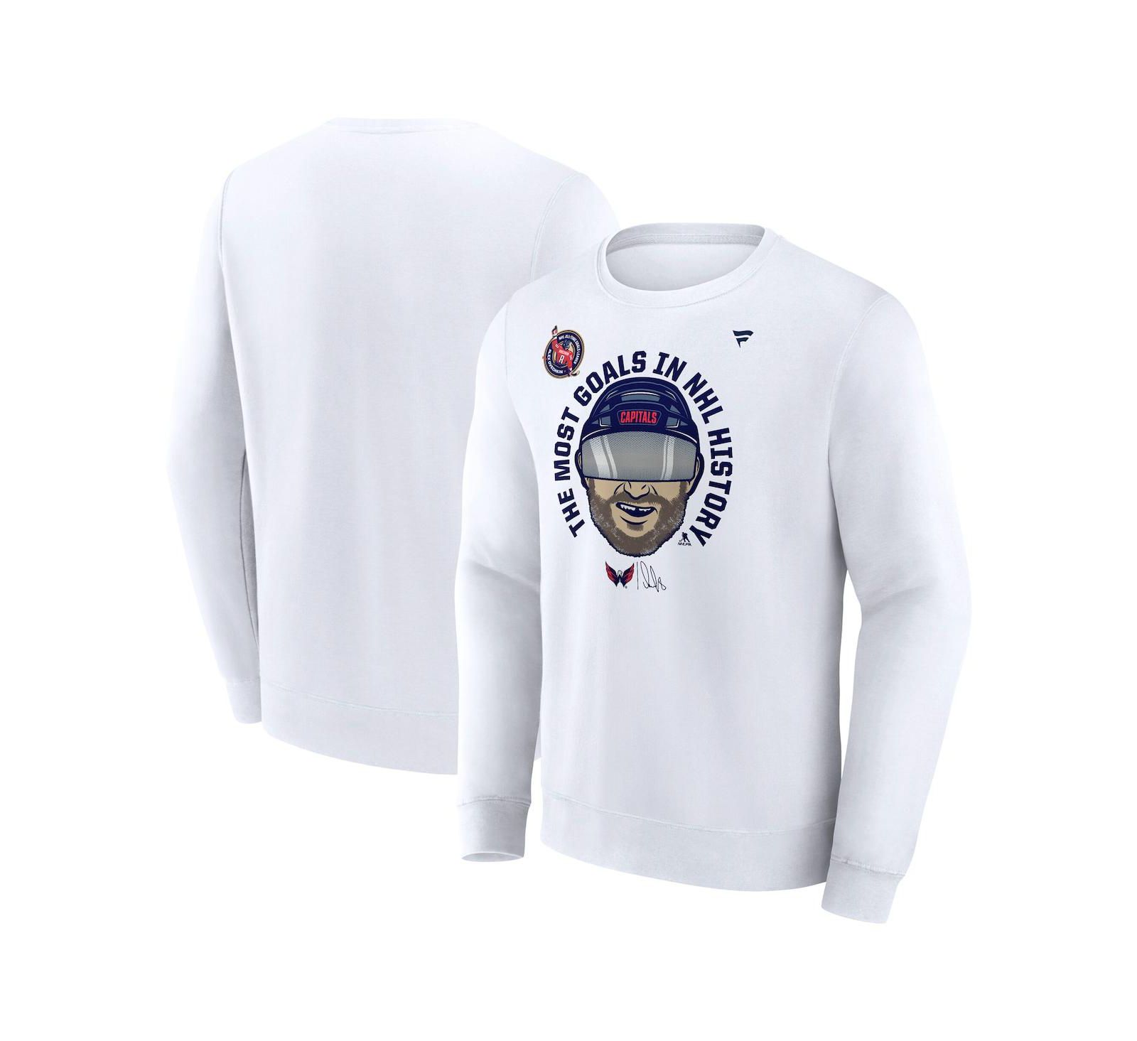 Fanatics Мужская флисовая толстовка Alexander Ovechkin White Washington Capitals NHL All-Time Leading Goal Scorer GR8 Caricature