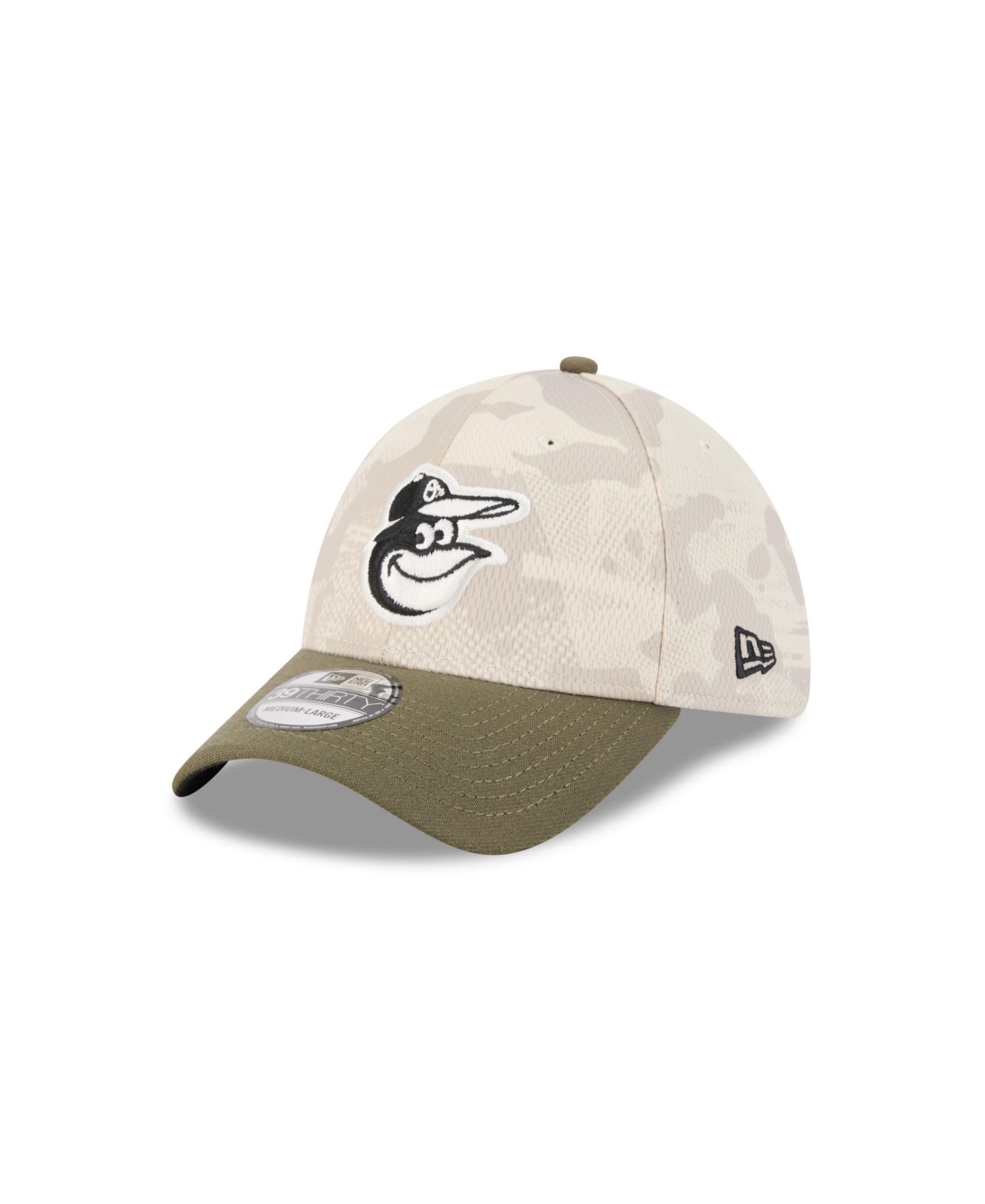 Мужская кепка New Era Light Beige/Olive Baltimore Orioles 2025 Armed Forces Day 39THIRTY Flex