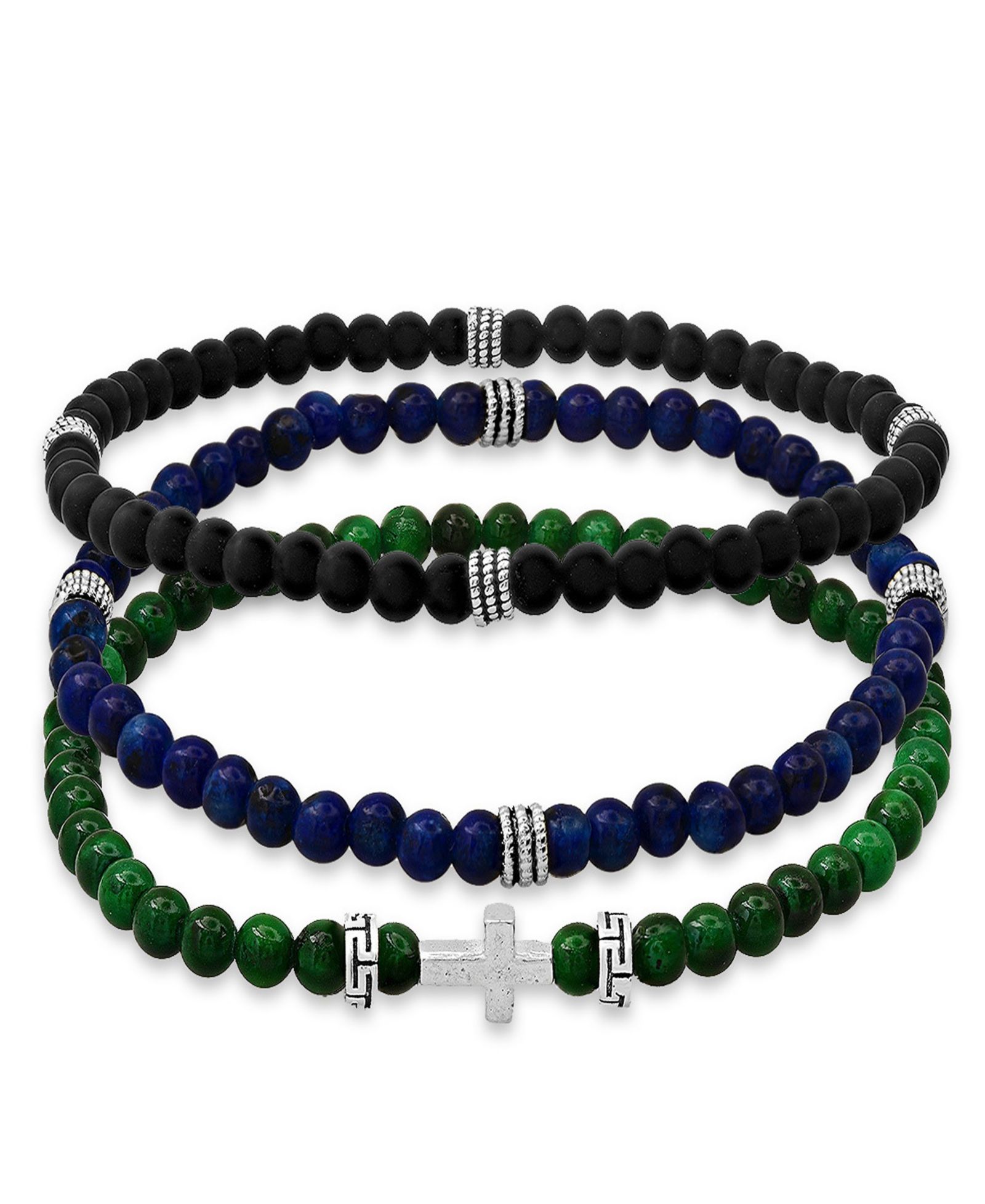 Steeltime Men's Sterling Silver Lapis Beaded Stretch Bracelet Set