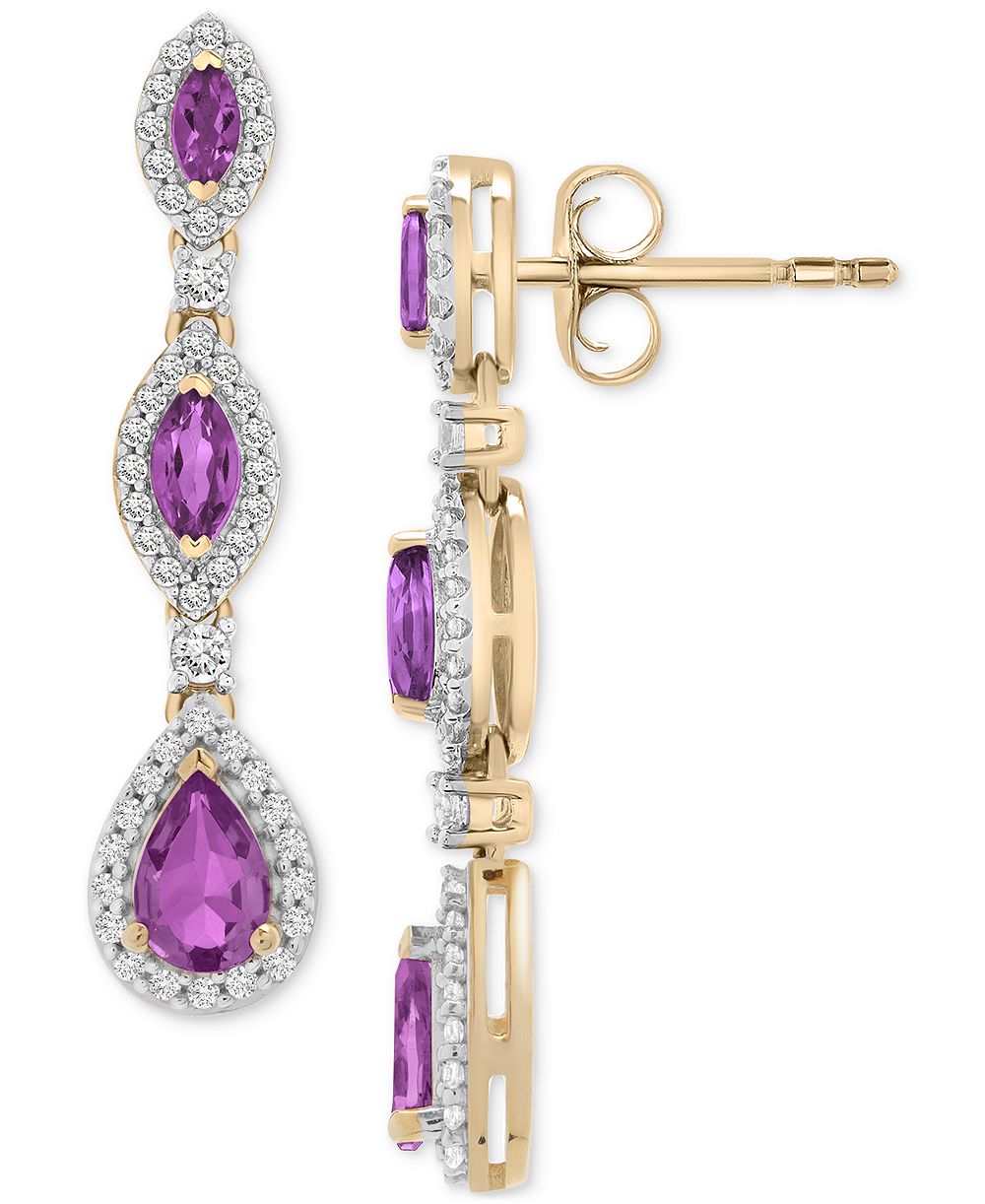 Серьги-подвески с аметистом и бриллиантом в золоте 14k