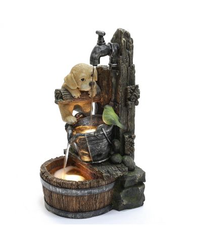 LuxenHome Puppy at the Farmhouse Faucet Resin Outdoor Fountain with Lights