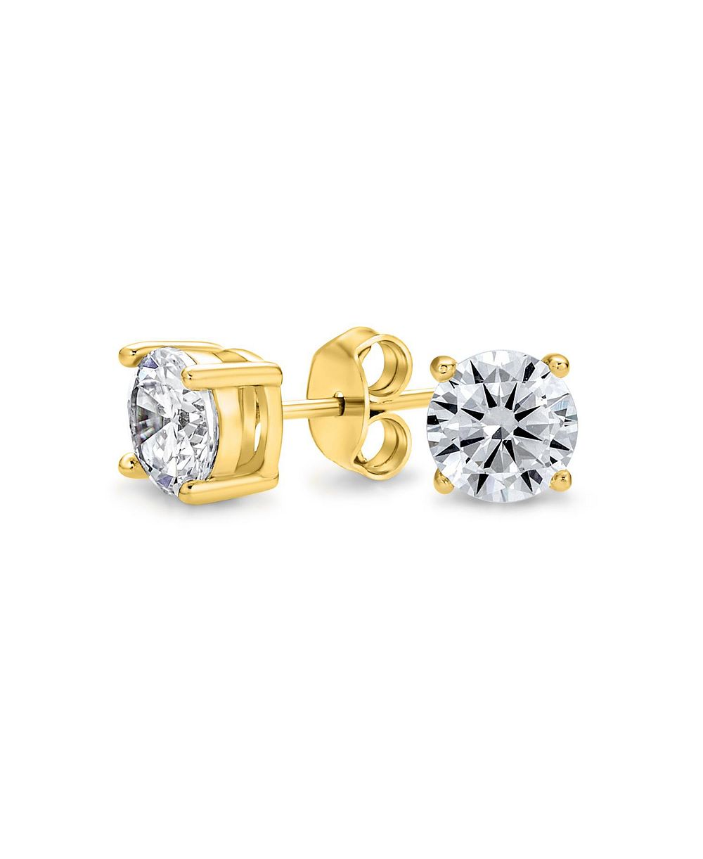 Bling Jewelry Timeless CZ Solitaire Stud Earrings Gold Plated .925 Sterling Silver 6MM