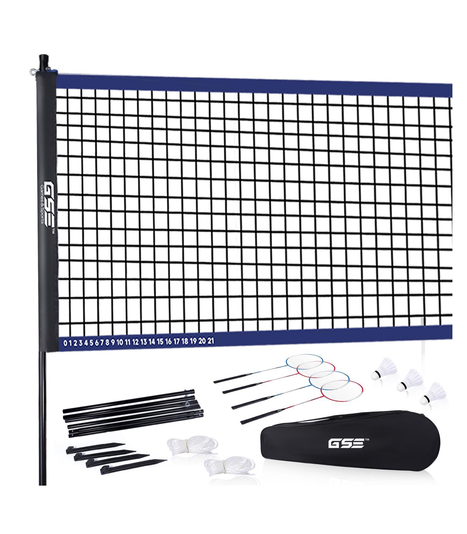Recreational Badminton Complete Set with Portable Badminton Net, 4 Badminton Rackets, 3 Shuttlecocks & Carrying Bag