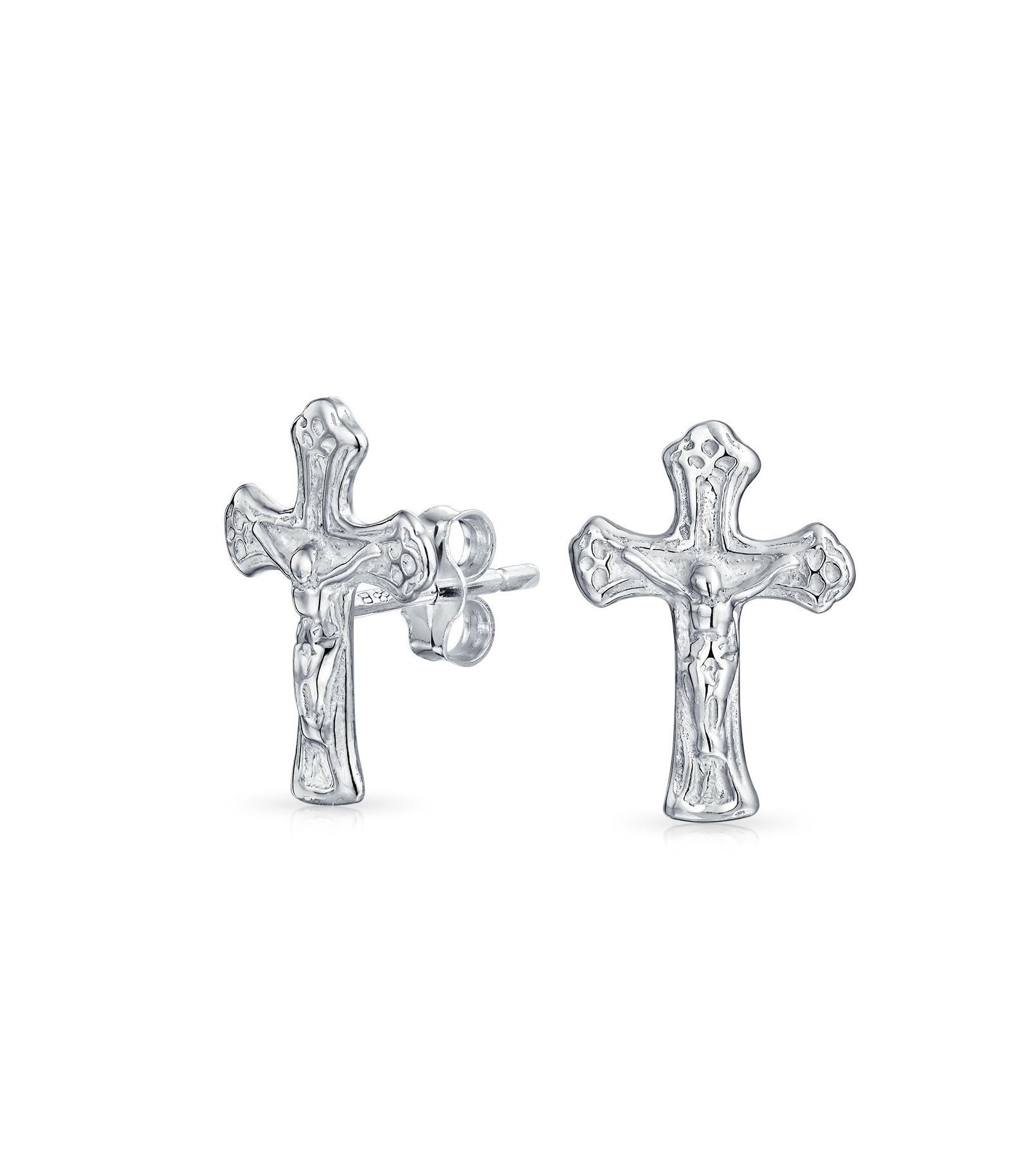 Bling Jewelry Religious Crucifix Cross Stud Earrings .925 Sterling Silver Communion Gift