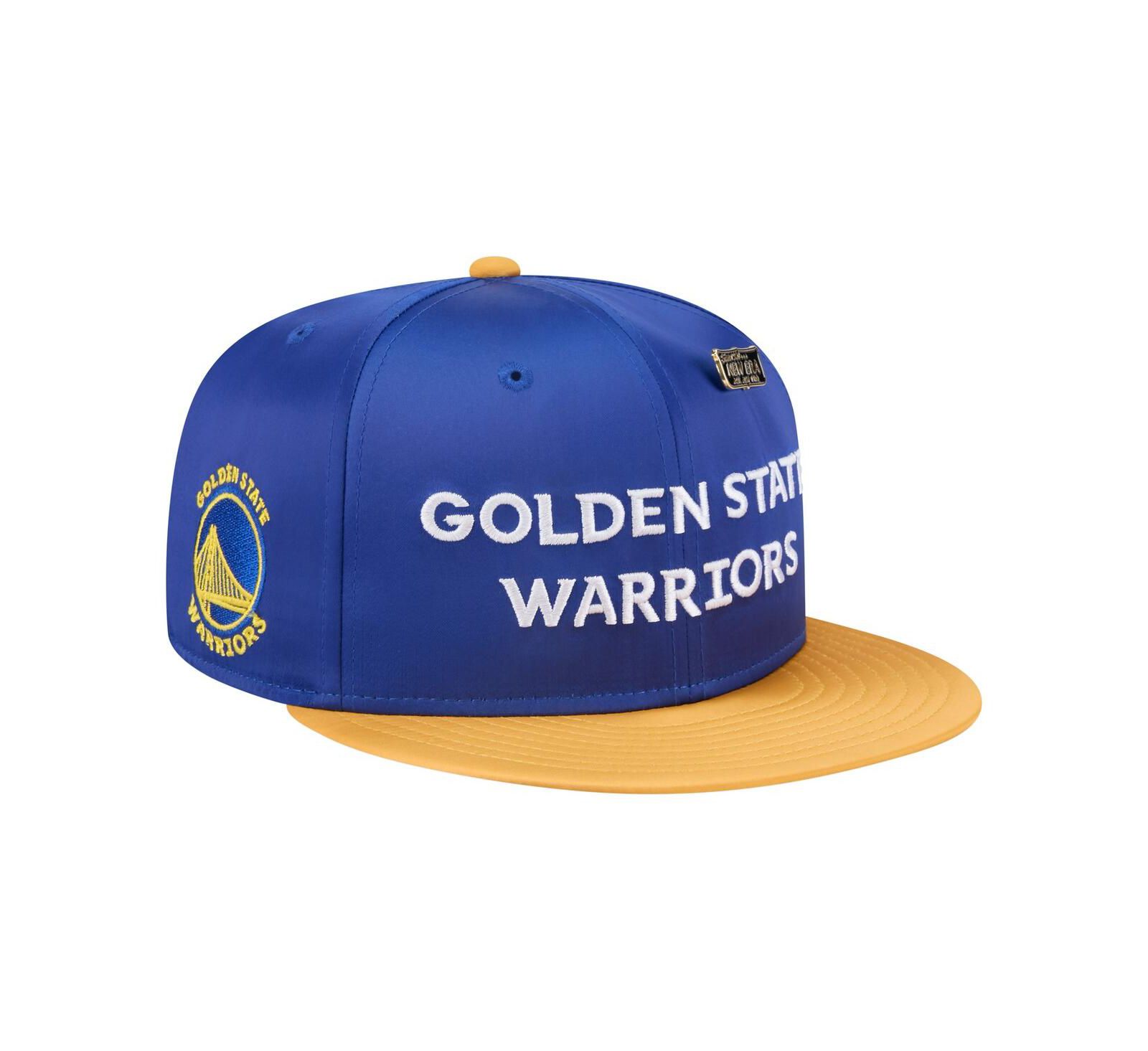 New Era Men's Royal/Gold Golden State Warriors Throwback Satin Vintage Pin Two-Tone 59FIFTY Fitted Hat