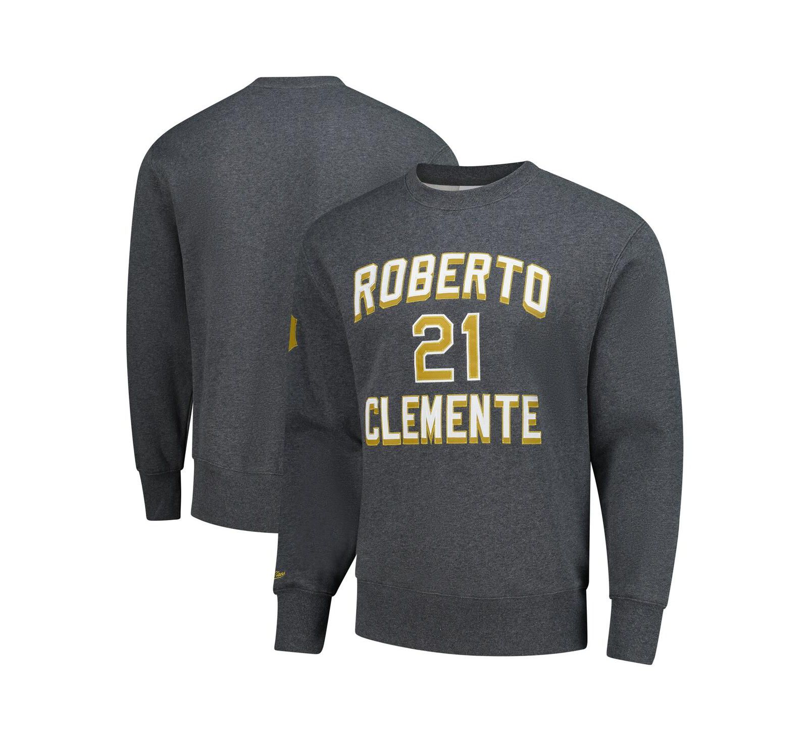 Мужской флисовый свитшот Mitchell & Ness Roberto Clemente Heather Charcoal Pittsburgh Pirates Legends Collection Vintage Logo Name & Number