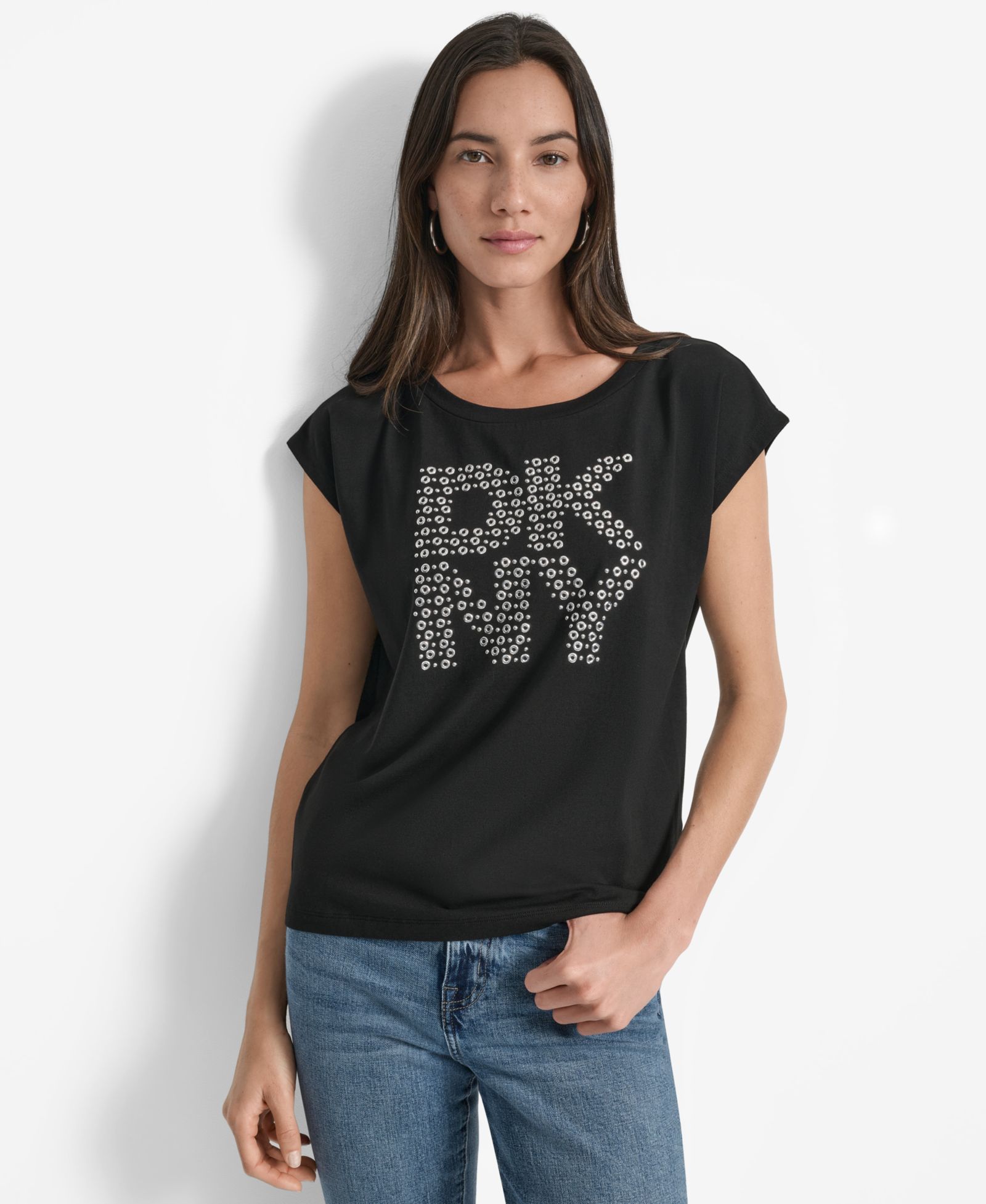 DKNY Women's Grommet Stack Logo Crewneck T-Shirt