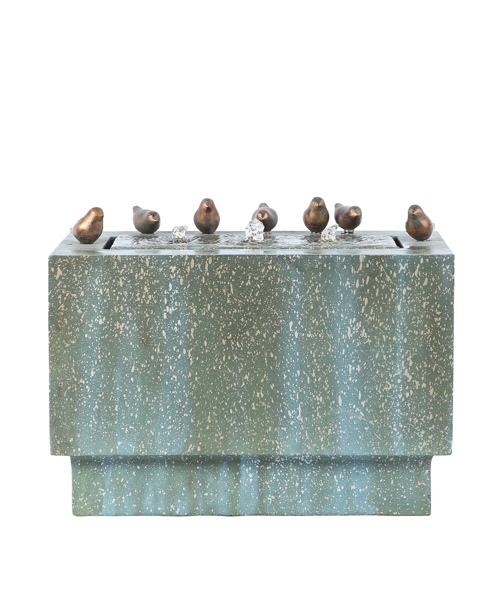 LuxenHome Patina Gray/Green Resin Rectangular Bubbler Outdoor Fountain with LED Lights and Bronze Birds