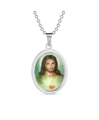 Bling Jewelry Oval Medallion Sacred Heart of Jesus Photo Pendant Necklace Stainless Steel