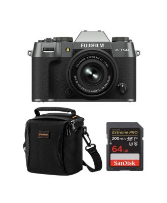 Fujifilm X-T50 Mirrorless Camera, With XC 15-45mm f/3.5-5.6 OIS PZ Lens, Bundle with Battery Pack, Alpine 120 Shoulder Bag
