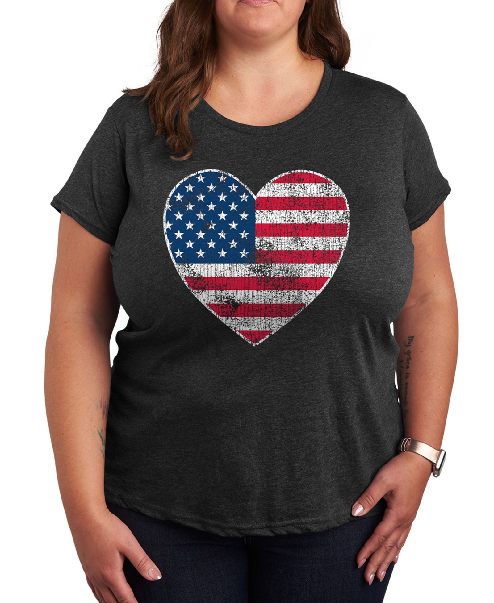 Hybrid Apparel Plus Size Americana Heart Flag Graphic Crew Neck T-Shirt