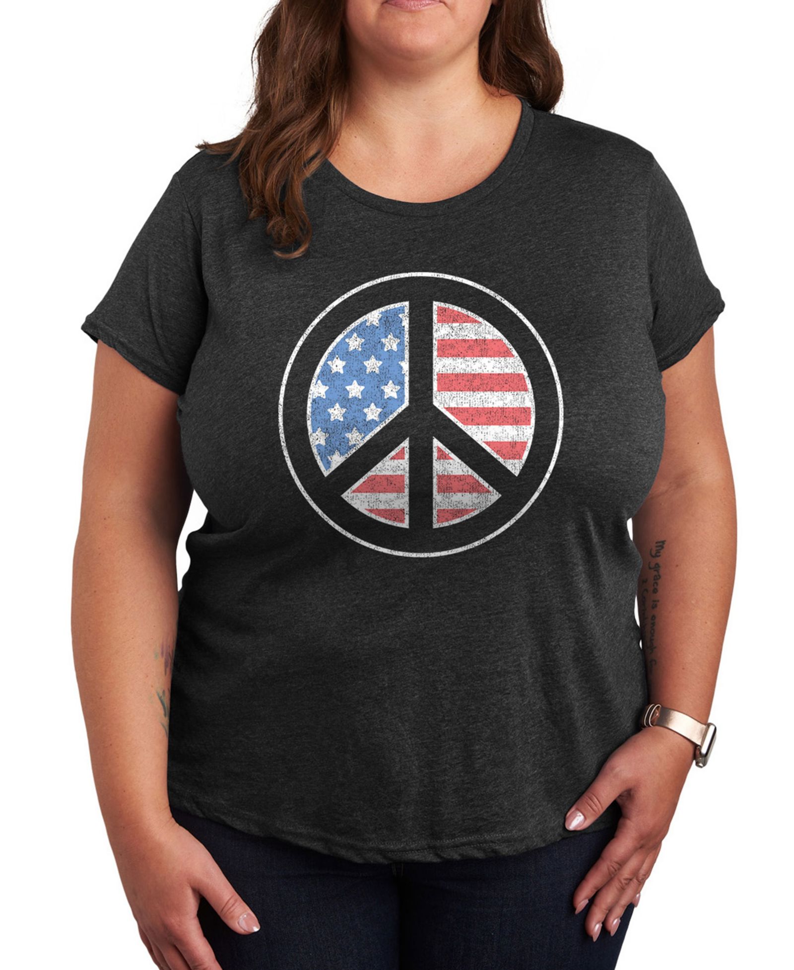 Женская футболка Plus Size Hybrid Apparel с графикой American Flag Peace Sign и круглым вырезом