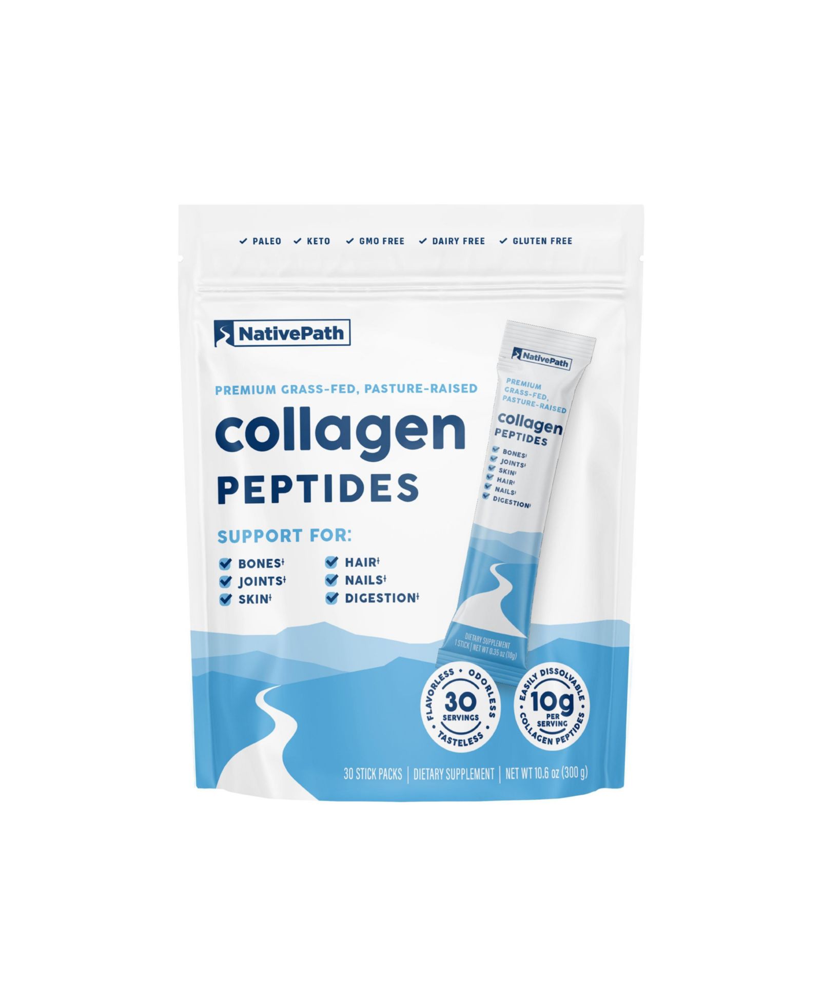 Протеиновые саше NativePath Collagen Peptides Protein Stick Packs - Hydrolyzed Type 1 & 3 Collagen Powder for Skin, Hair, Nails - 30 Servings