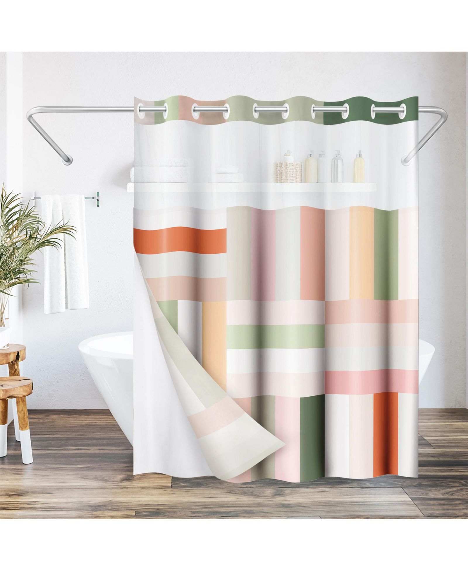 Americanflat 72x75 Hookless Shower Curtain - Abstract Pink Green Orange Shower Curtain with Sheer Panel, Snap-In Liner, and Grommets - 100% Polyester