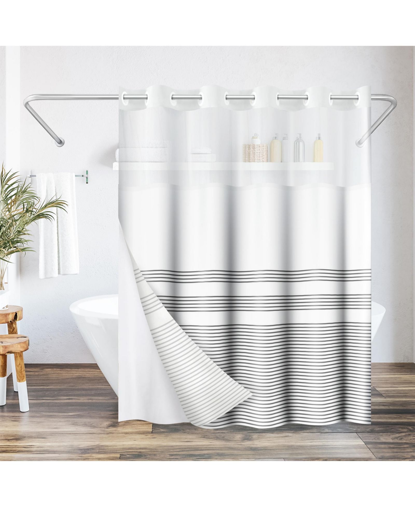 Americanflat 72x75 Hookless Shower Curtain - Grey Lines Shower Curtain with Sheer Panel, Snap-In Liner, and Grommets - 100% Polyester
