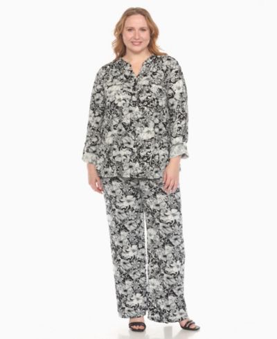 Комплект из топа и брюк White Mark Plus Size с цветочным принтом