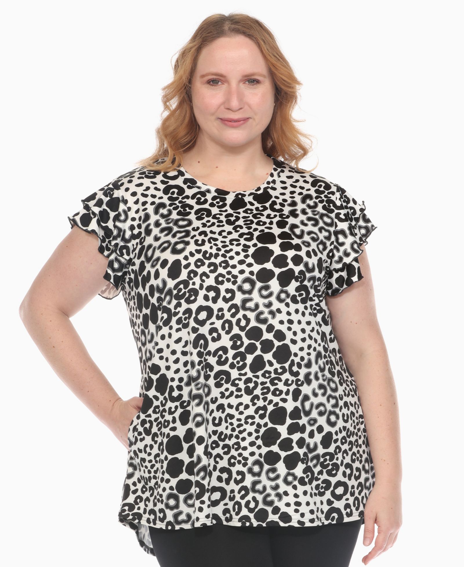 Женский топ White Mark Plus Size с воланыстыми рукавами и леопардовым принтом