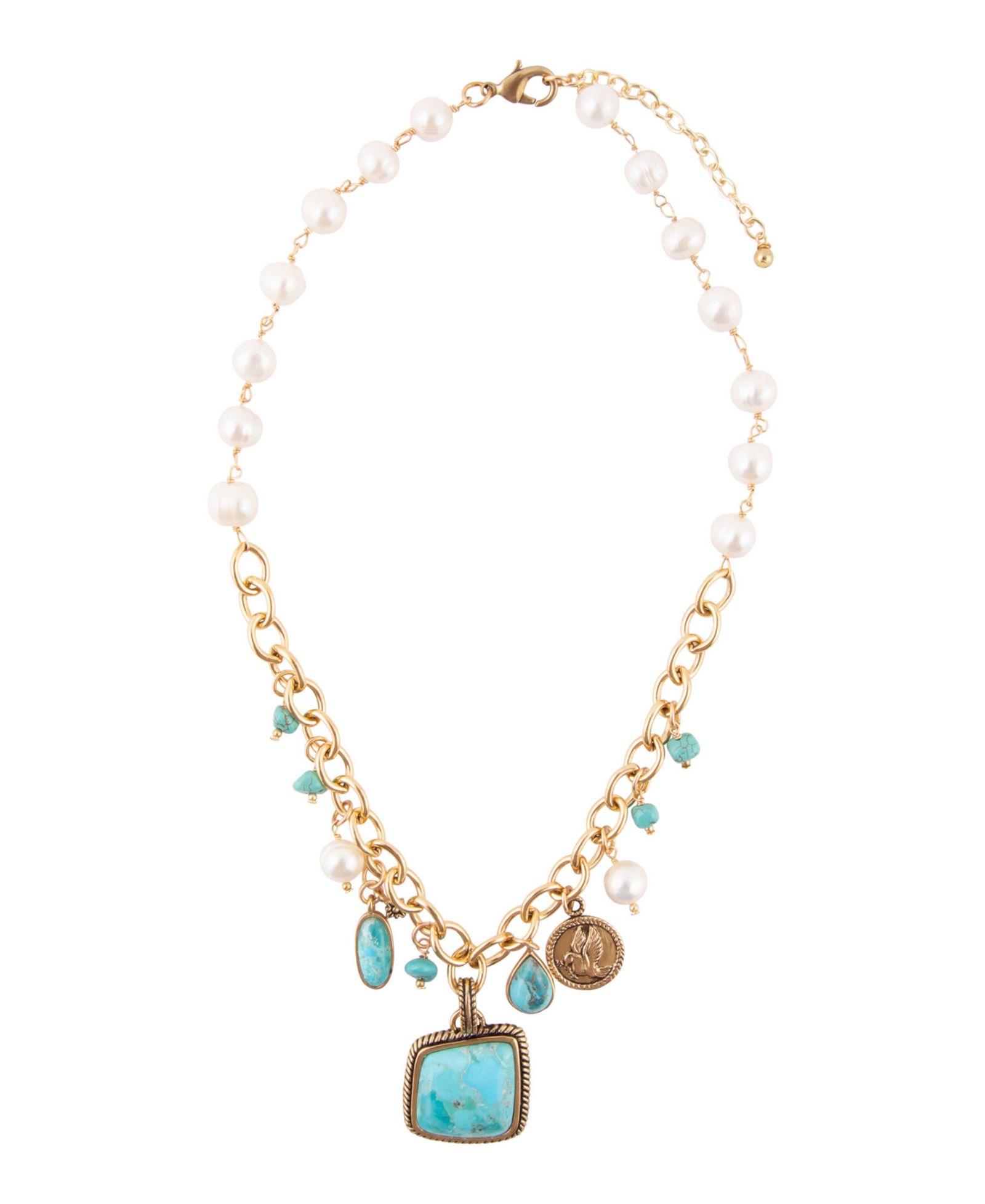 Barse Blue Turquoise and White Cultivated Pearl Multi Pendant Necklace