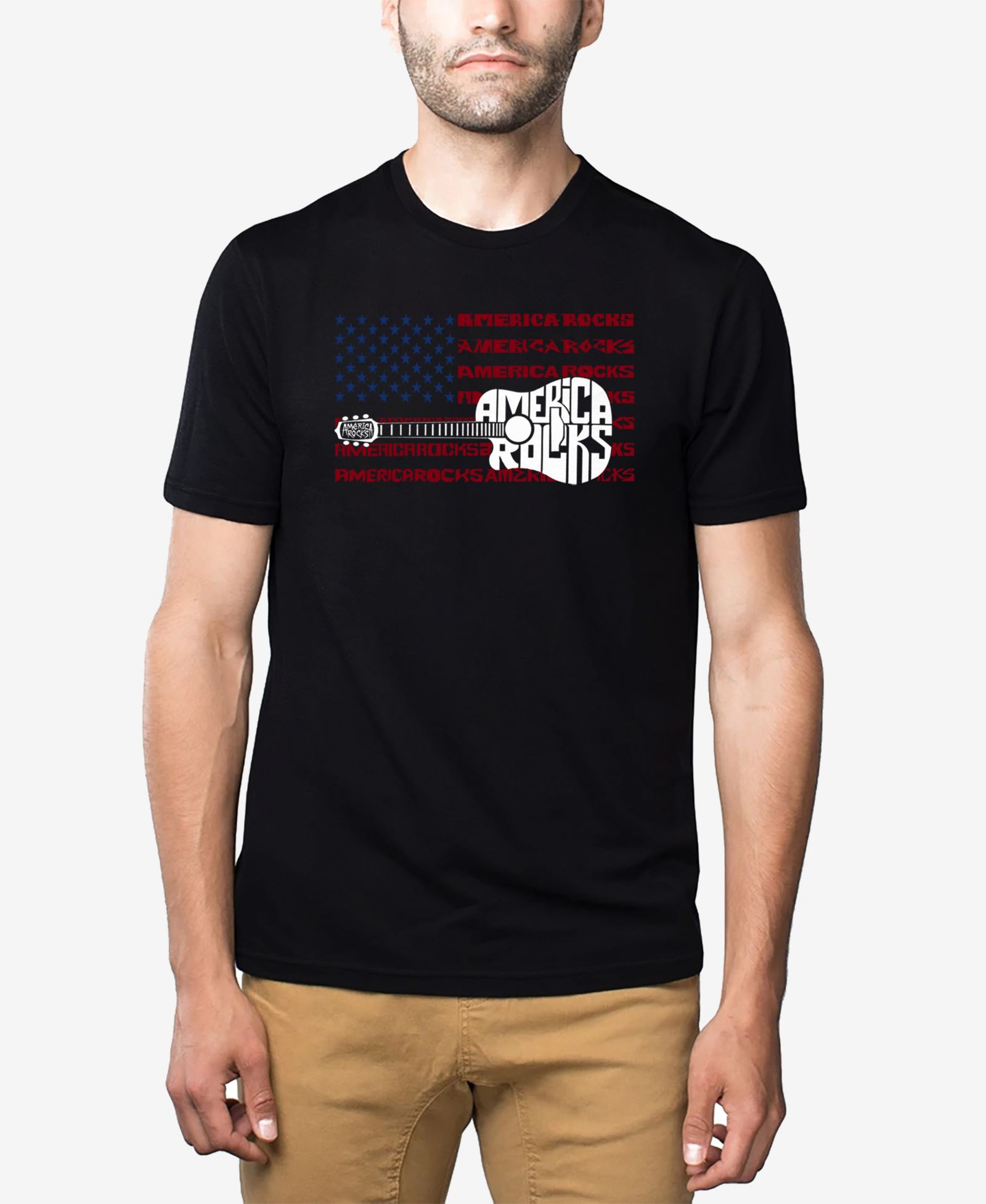 LA Pop Art Men's Cotton/Poly Blend Word Art T-Shirt - America Rocks Guitar Flag
