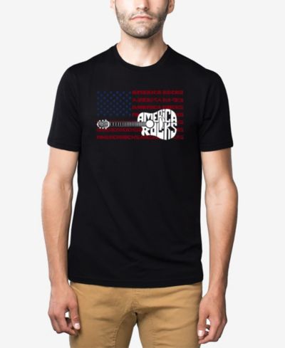LA Pop Art Men's Cotton/Poly Blend Word Art T-Shirt - America Rocks Guitar Flag