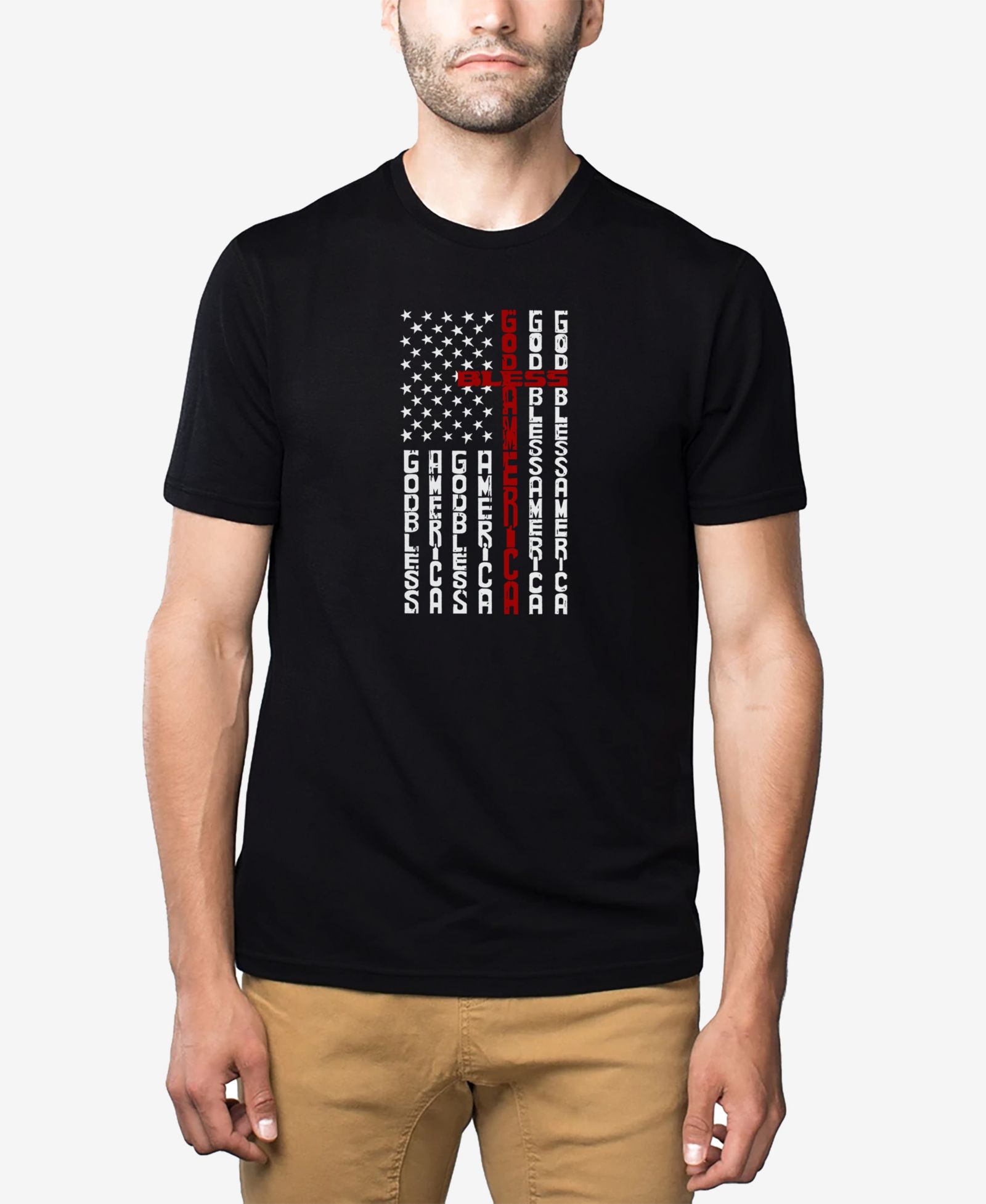 LA Pop Art Men's Cotton/Poly Blend Word Art T-Shirt - Cross American Flag
